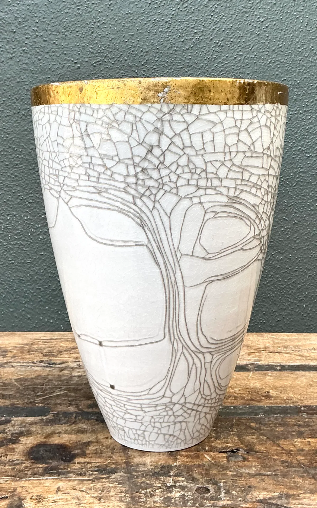 Vintage Italian Gold Rimmed Crackle Ceramic Vase — additional photo 5