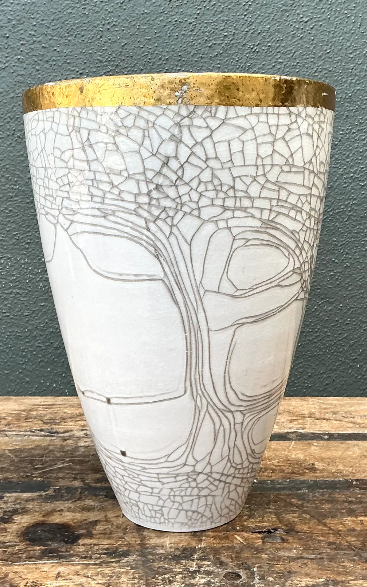 Vintage Italian Gold Rimmed Crackle Ceramic Vase