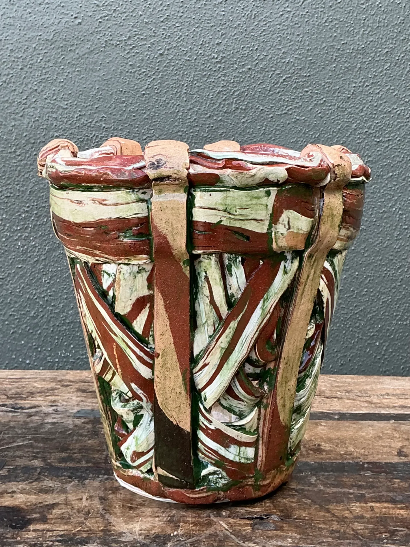 Vintage Multicolor Textured Ceramic Planter — additional photo 2