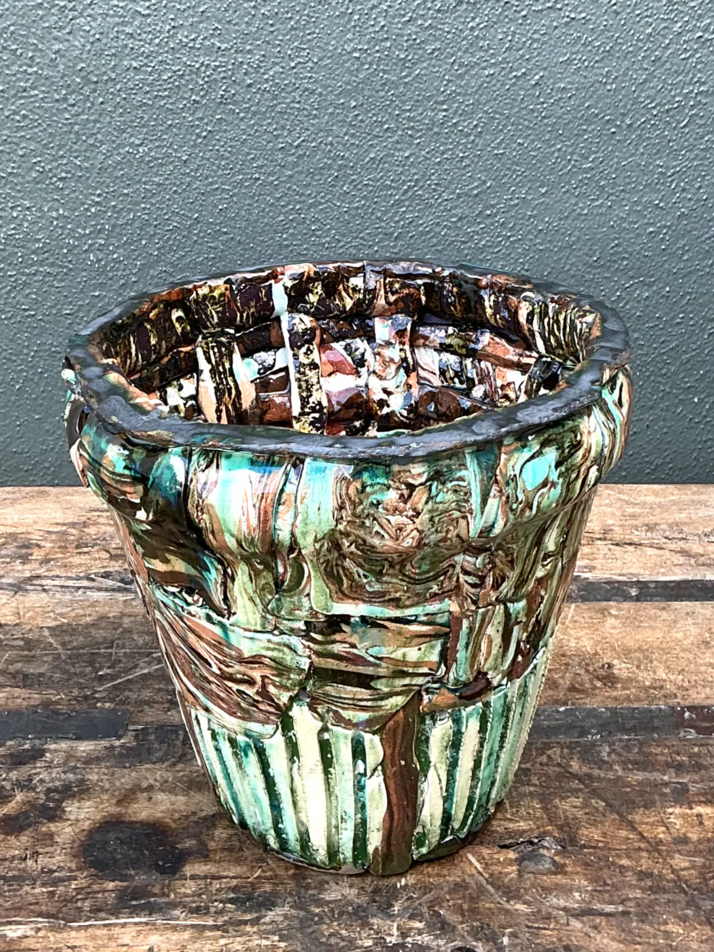 Vintage Multicolor Textured Ceramic Planter — additional photo 3