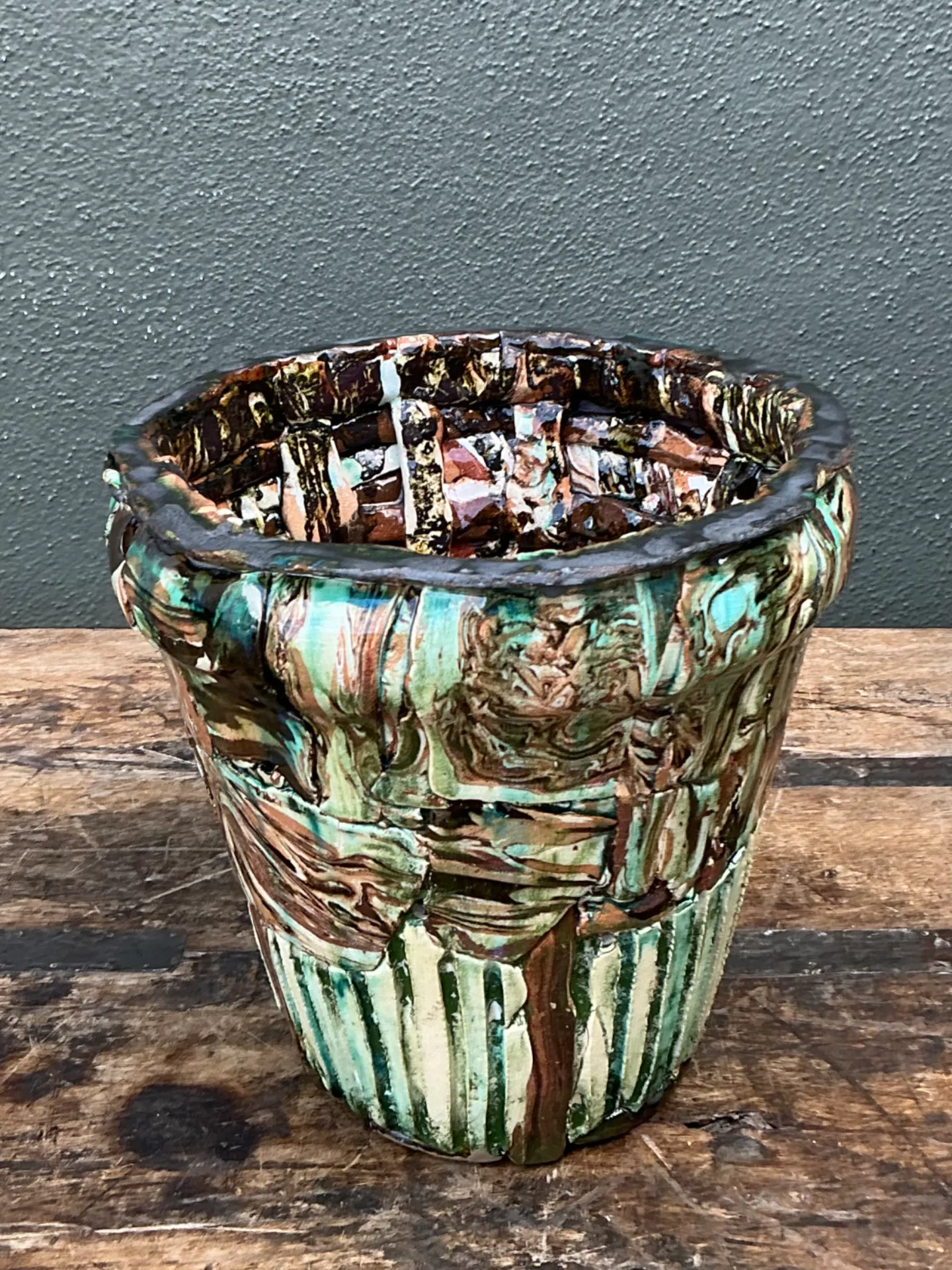 Vintage Multicolor Textured Ceramic Planter — additional photo 1