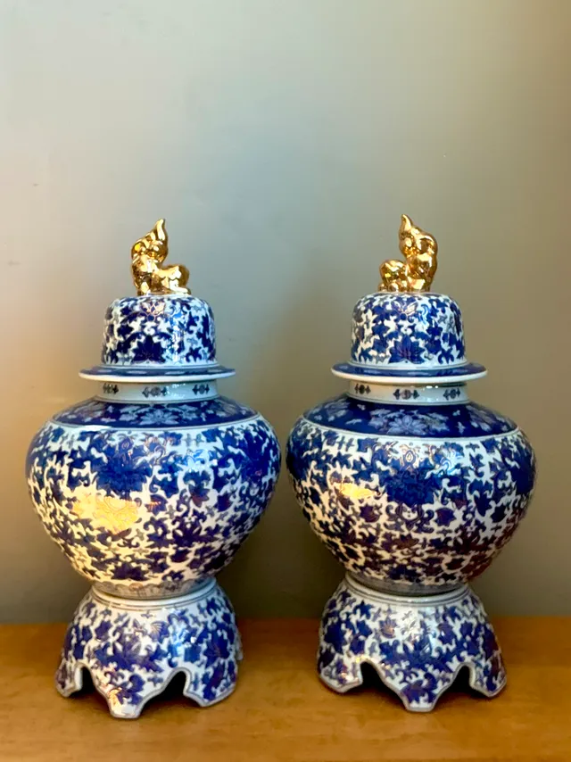 Vintage Blue and White Ceramic Lidded Jars - Pair — additional photo 2