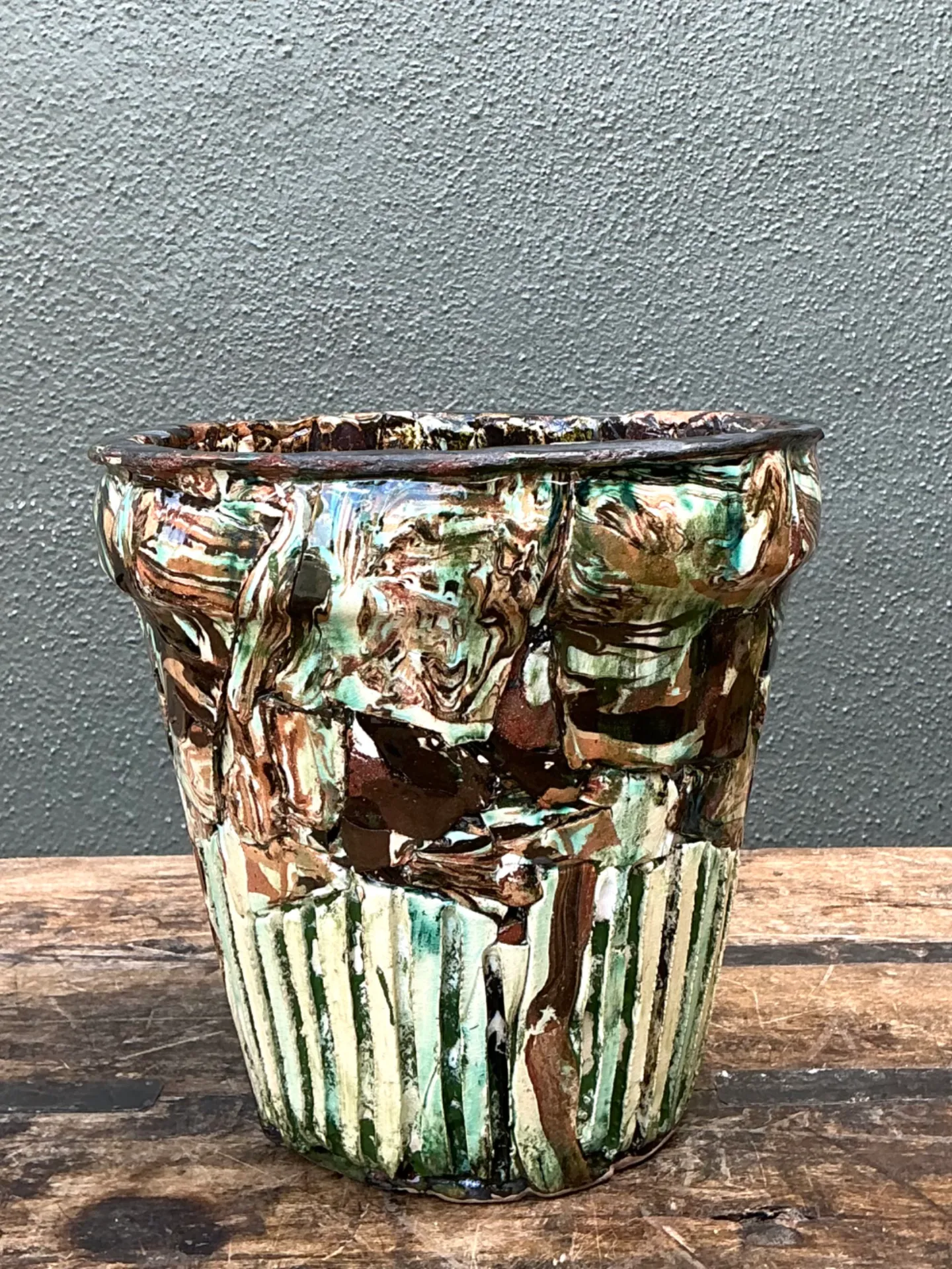Vintage Multicolor Textured Ceramic Planter — additional photo 2