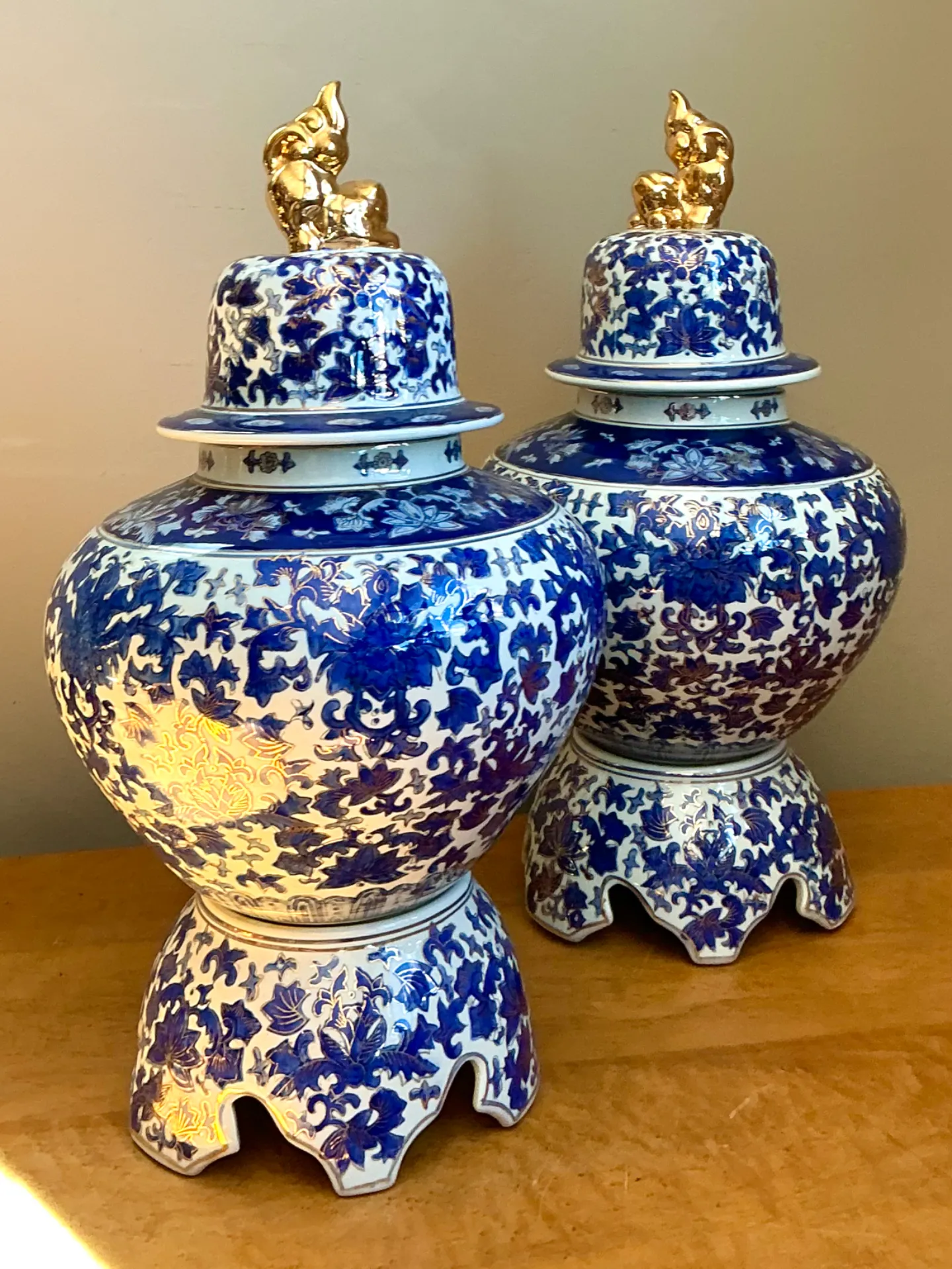 Vintage Blue and White Ceramic Lidded Jars - Pair — additional photo 1