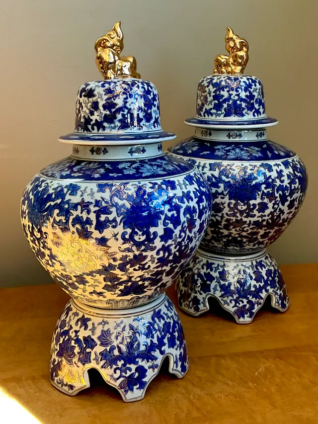 Vintage Blue and White Ceramic Lidded Jars - Pair — additional photo 3