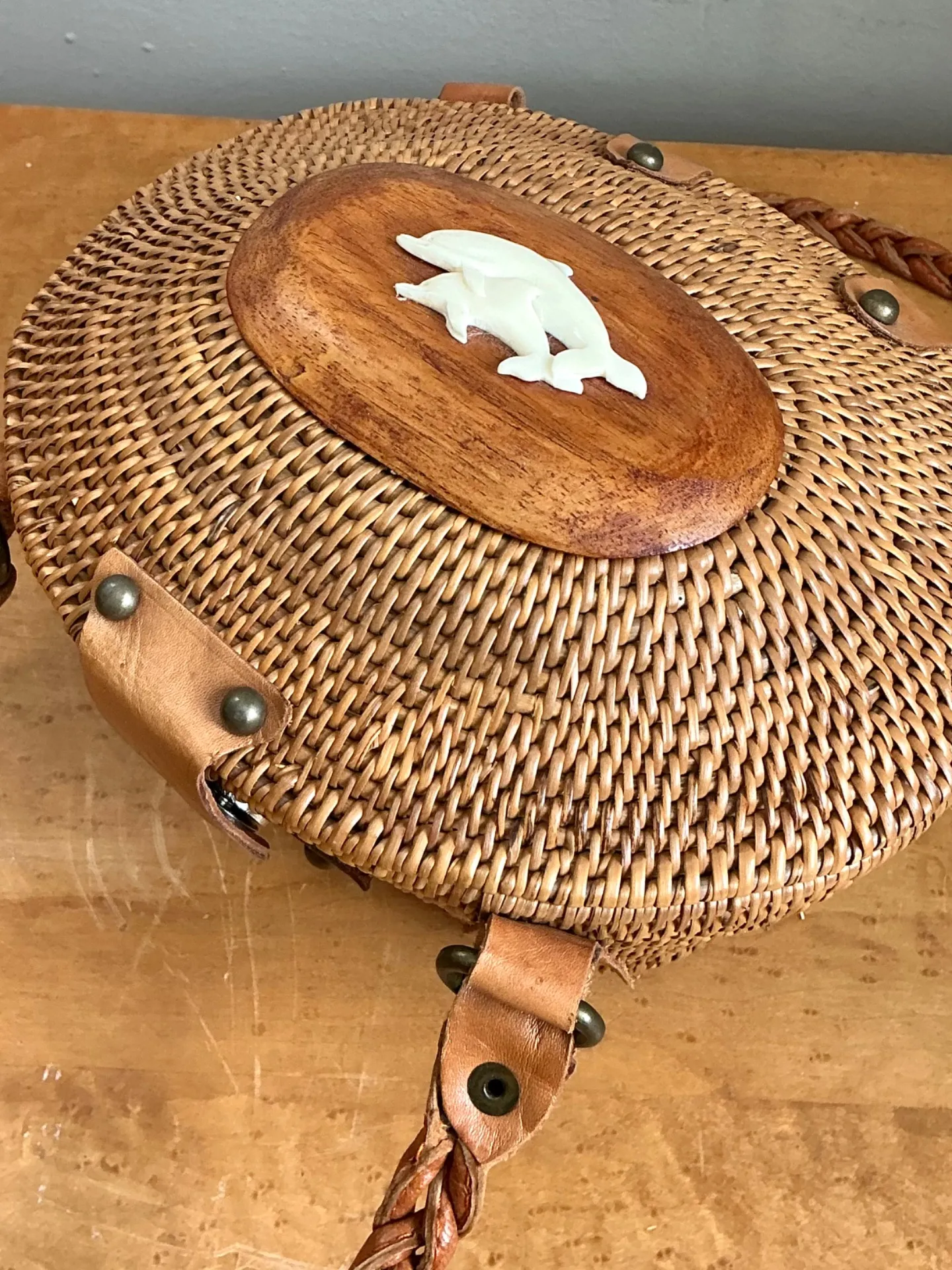 Vintage Woven Rattan Handbag with Leather Accents — additional photo 2