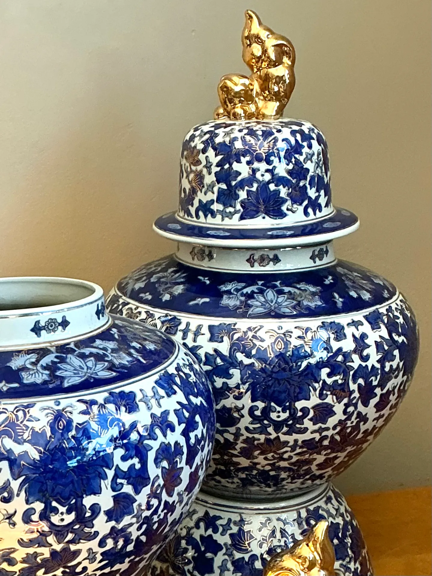 Vintage Blue and White Ceramic Lidded Jars - Pair — additional photo 6