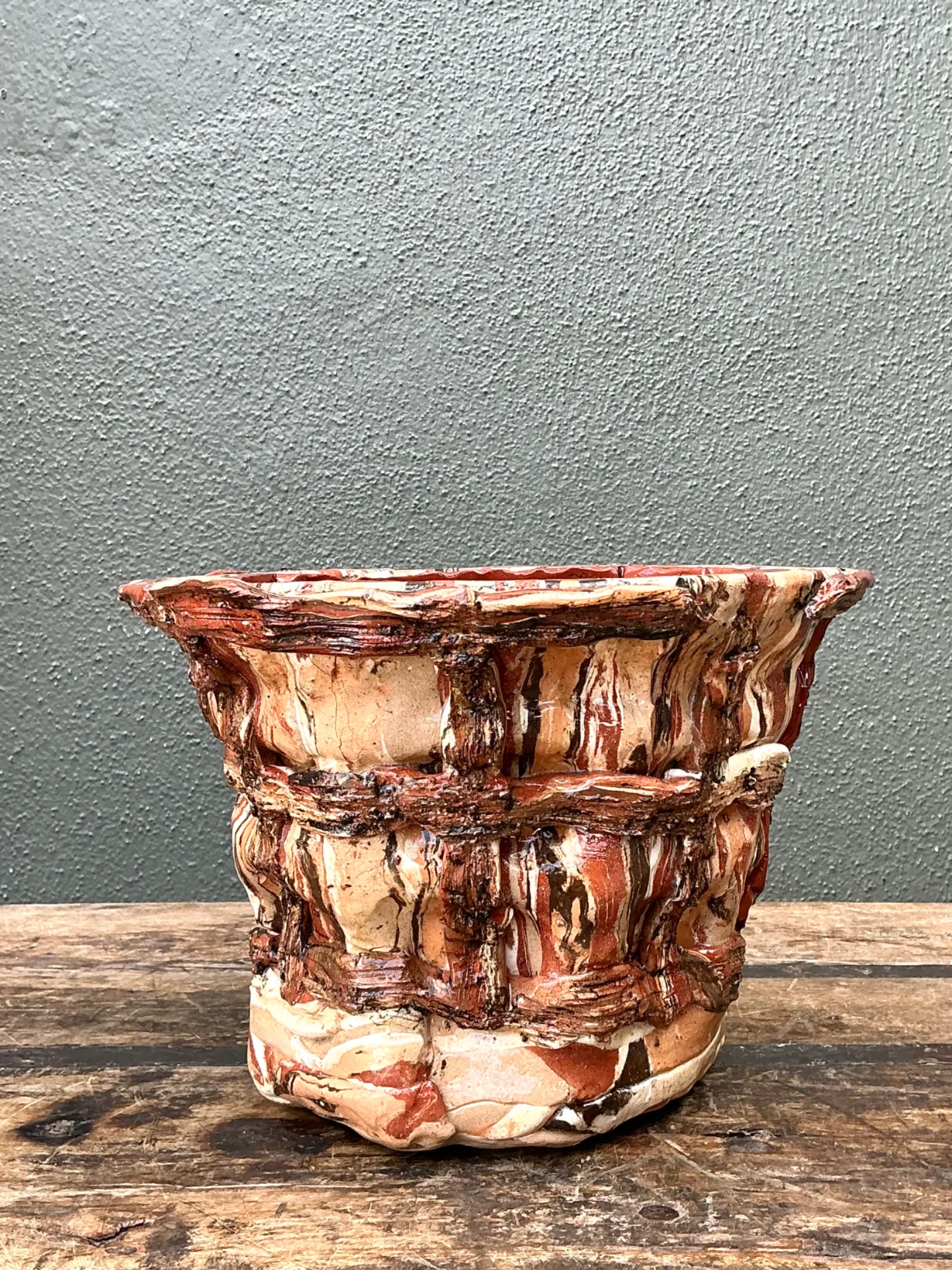 Vintage Textured Ceramic Basket Planter — additional photo 3