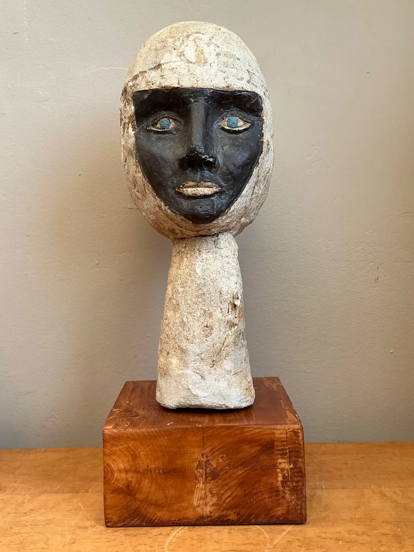 Vintage Plaster Head Sculpture on Wood Base — additional photo 2