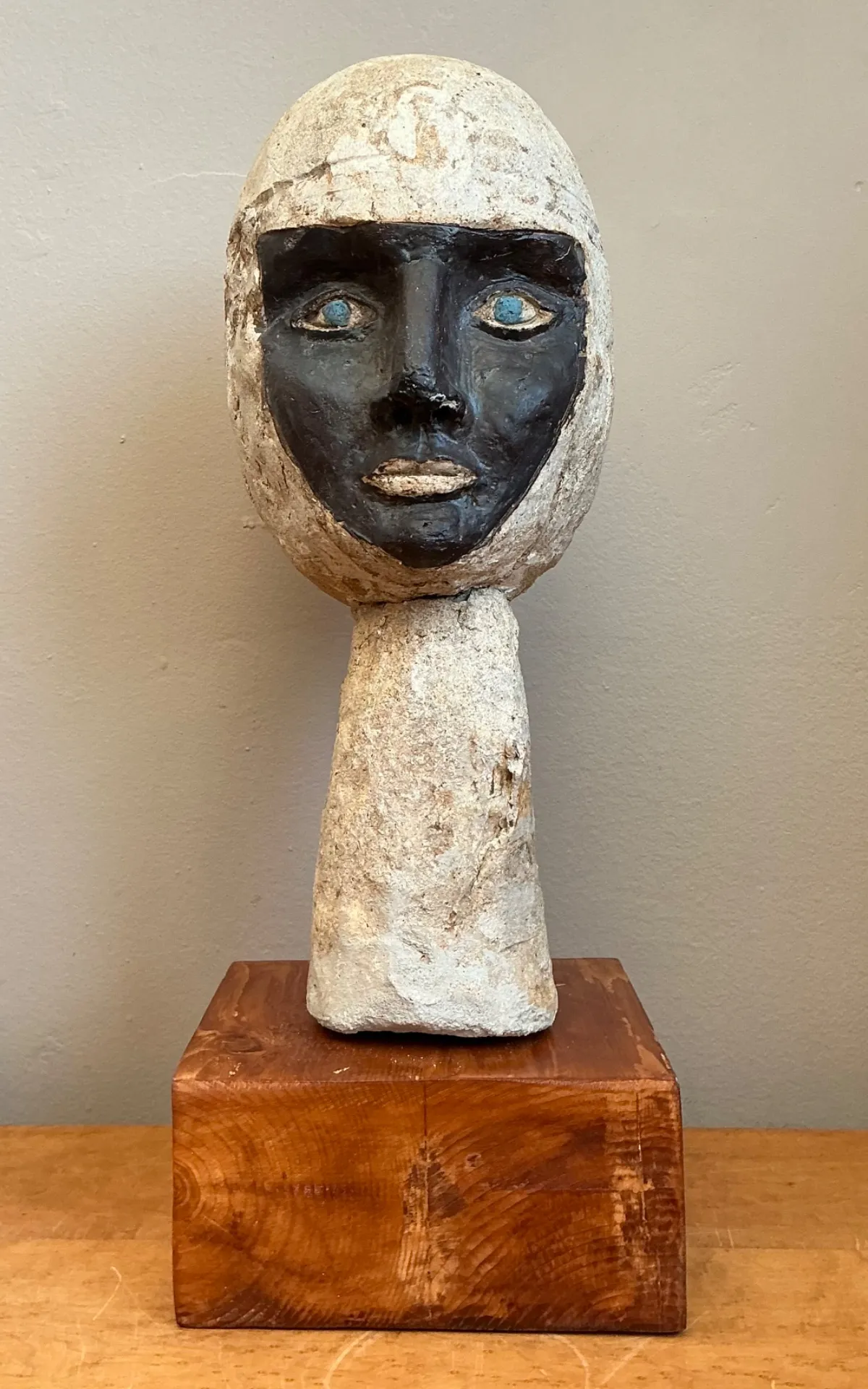 Vintage Plaster Head Sculpture on Wood Base