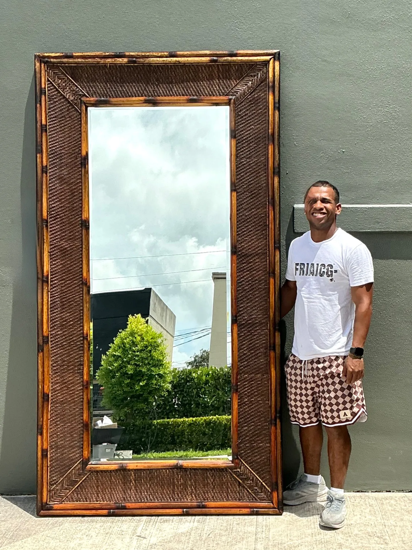 Vintage Monumental Bamboo and Rattan Floor Mirror — additional photo 1
