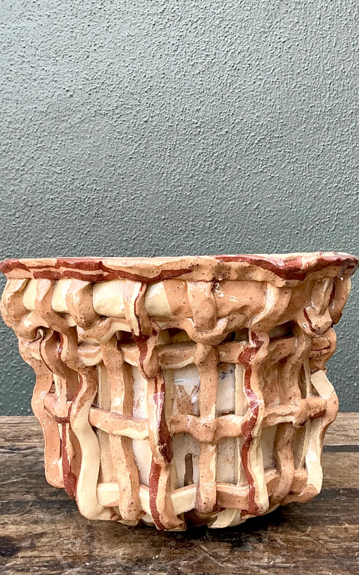 Vintage Sculptural Ceramic Basket Planter — additional photo 3