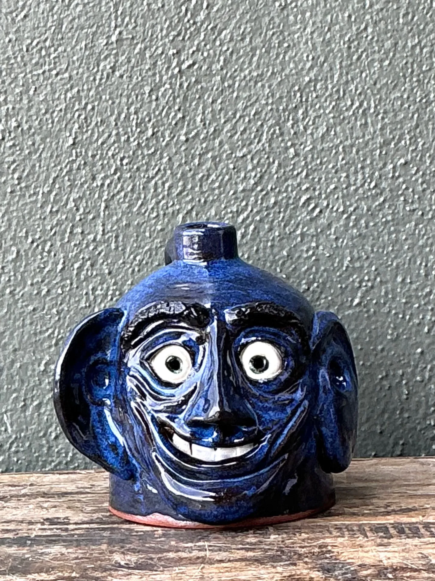 Vintage Blue Glazed Ceramic Face Jug — additional photo 6