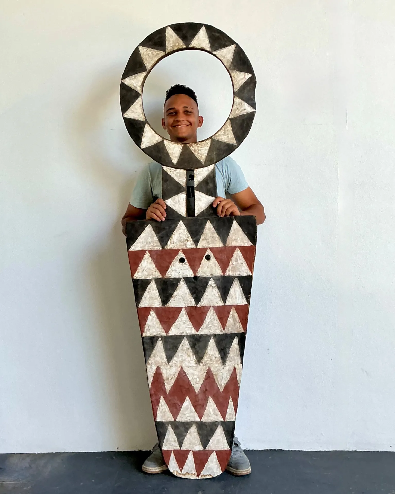 Vintage Tribal Geometric Painted Wood Shield - Wood, 22W x 74.5H — additional photo 1