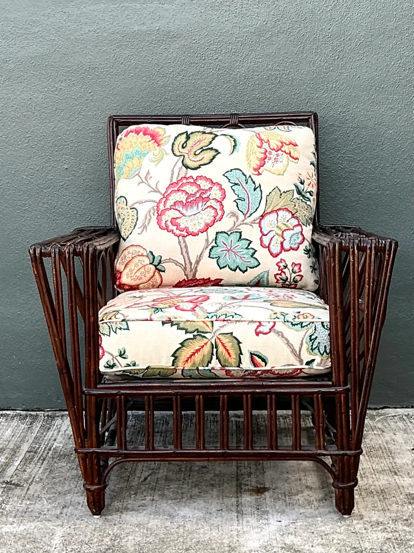 Vintage Stick Rattan Lounge Chair In Vintage Schumacher Paisley — additional photo 8