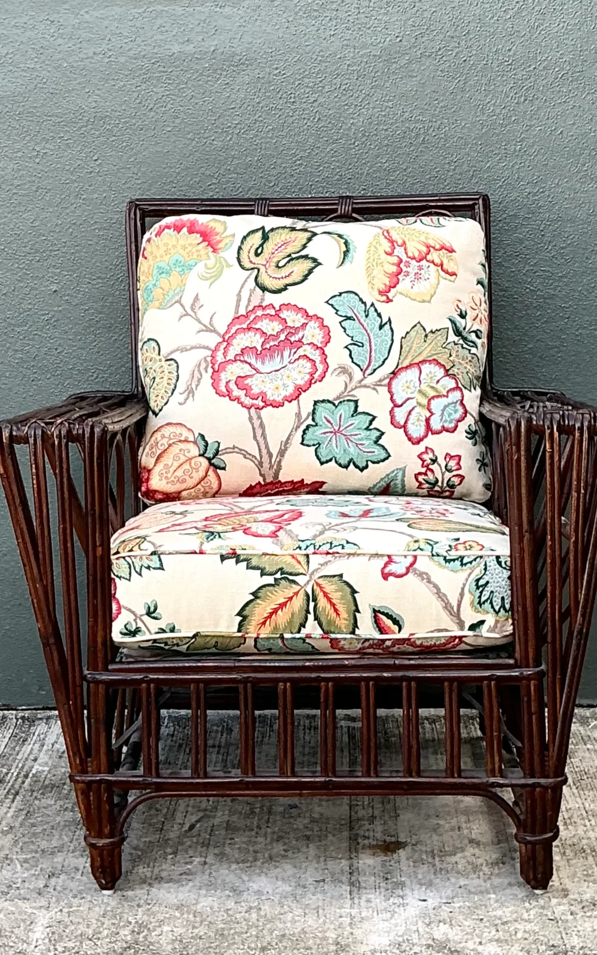 Vintage Stick Rattan Lounge Chair In Vintage Schumacher Paisley — additional photo 8
