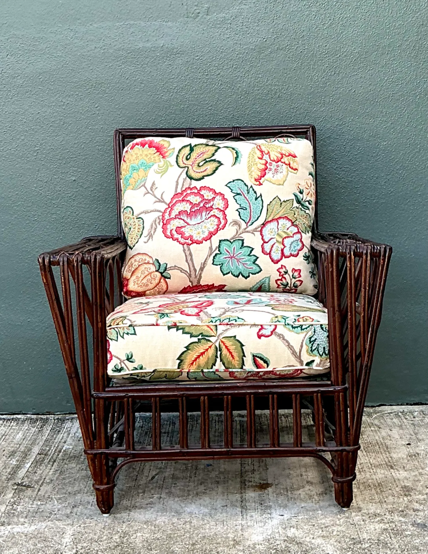 Vintage Stick Rattan Lounge Chair In Vintage Schumacher Paisley — additional photo 4