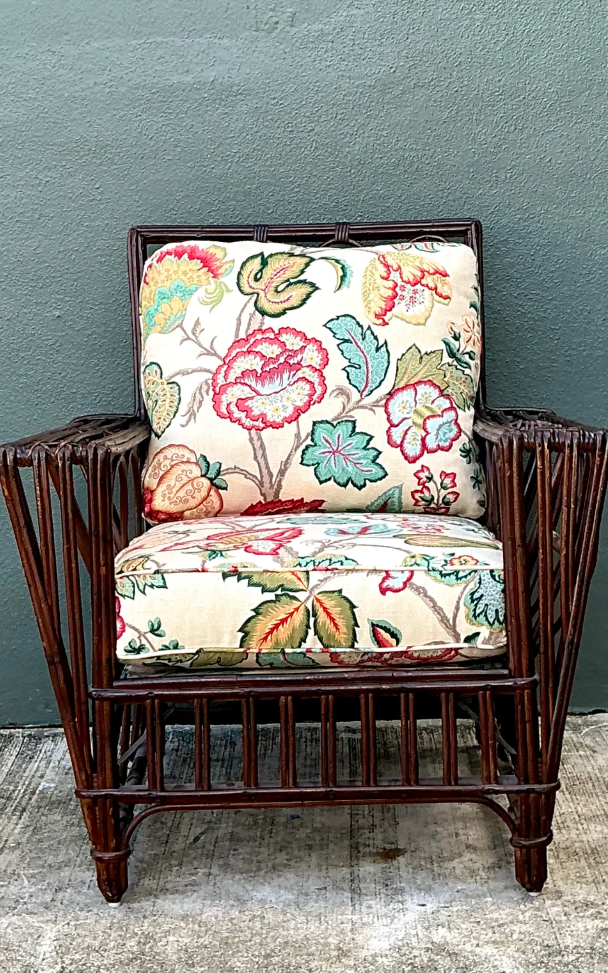 Vintage Stick Rattan Lounge Chair In Vintage Schumacher Paisley — additional photo 4