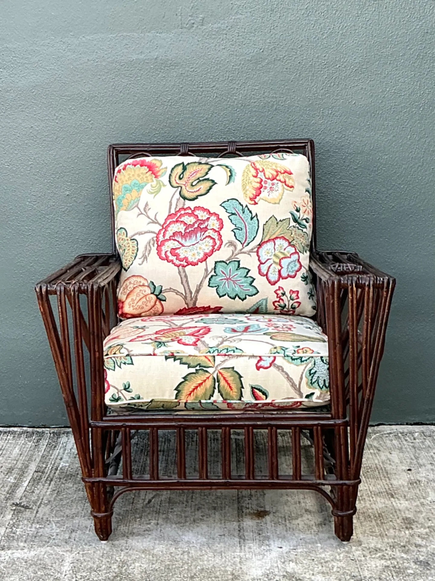 Vintage Stick Rattan Lounge Chair In Vintage Schumacher Paisley — additional photo 5