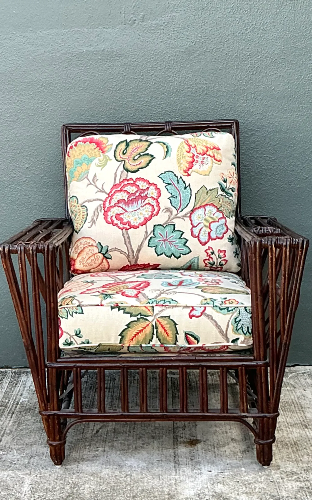 Vintage Stick Rattan Lounge Chair In Vintage Schumacher Paisley — additional photo 5