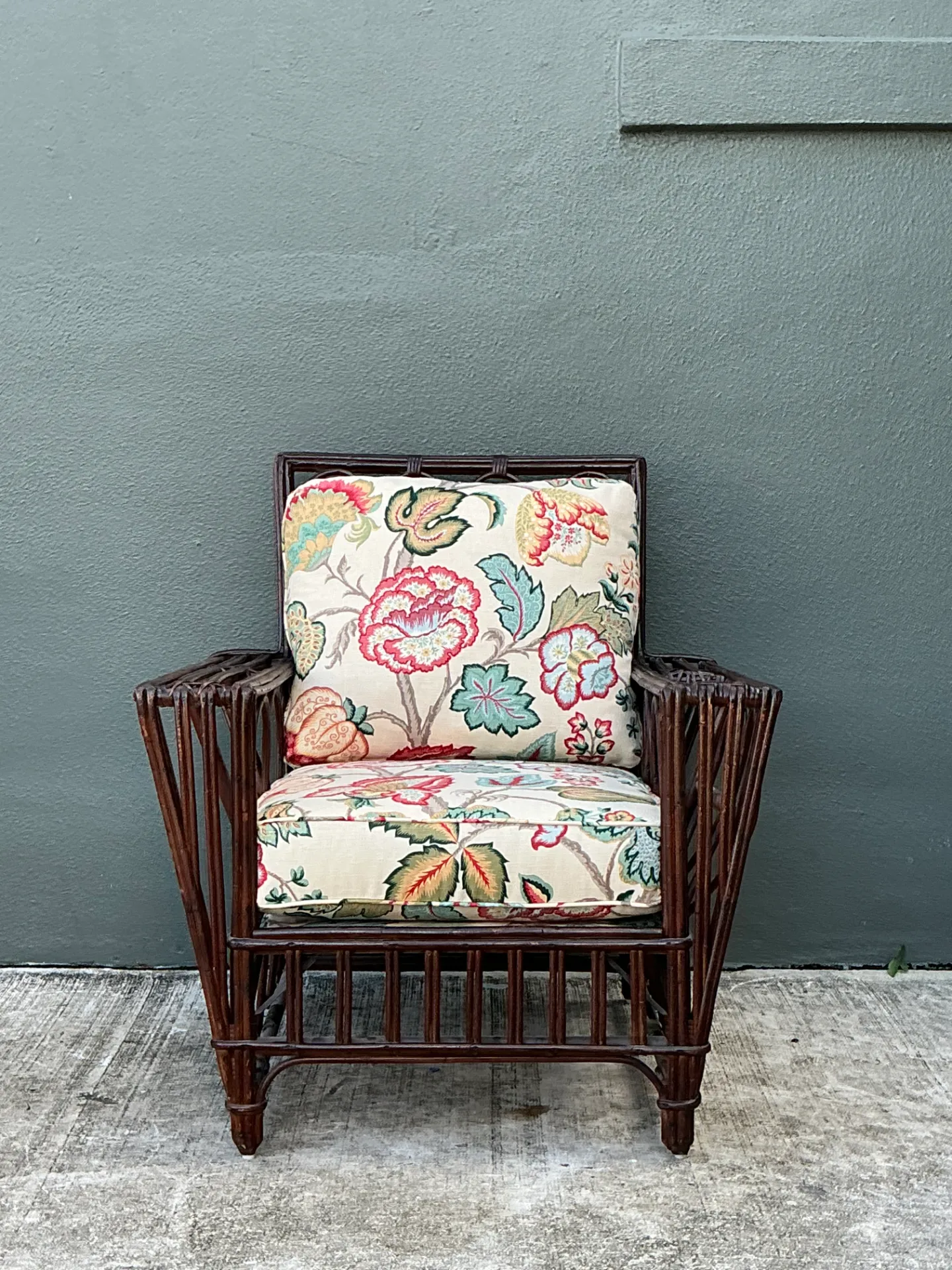 Vintage Stick Rattan Lounge Chair In Vintage Schumacher Paisley — additional photo 1