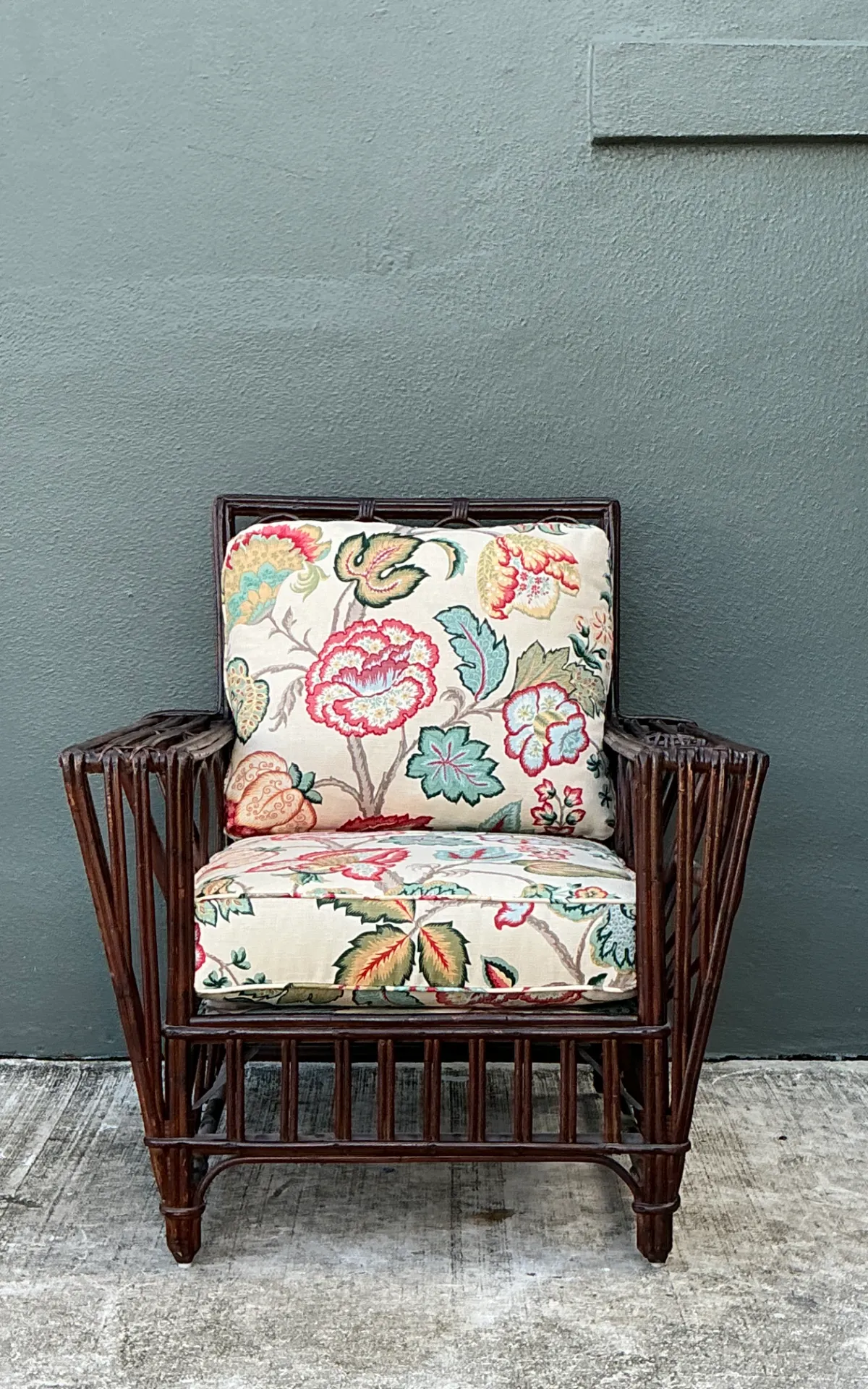 Vintage Stick Rattan Lounge Chair In Vintage Schumacher Paisley — additional photo 1