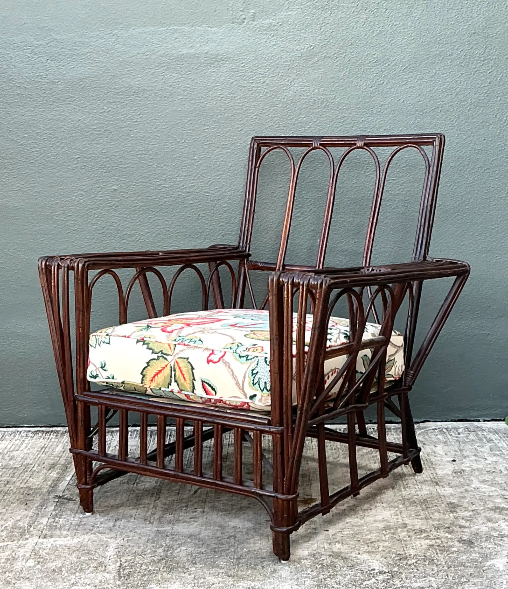 Vintage Stick Rattan Lounge Chair In Vintage Schumacher Paisley — additional photo 2