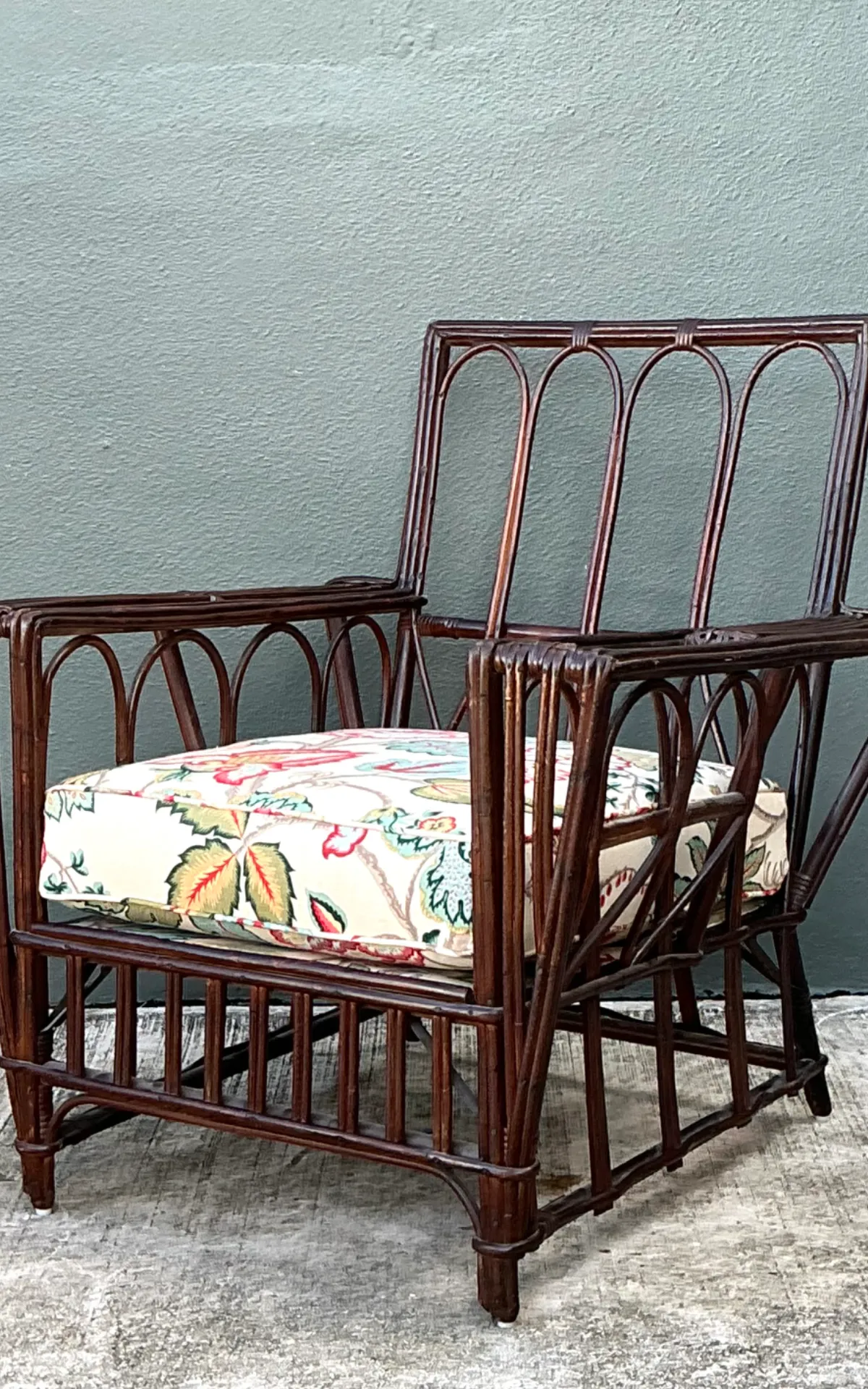 Vintage Stick Rattan Lounge Chair In Vintage Schumacher Paisley — additional photo 2