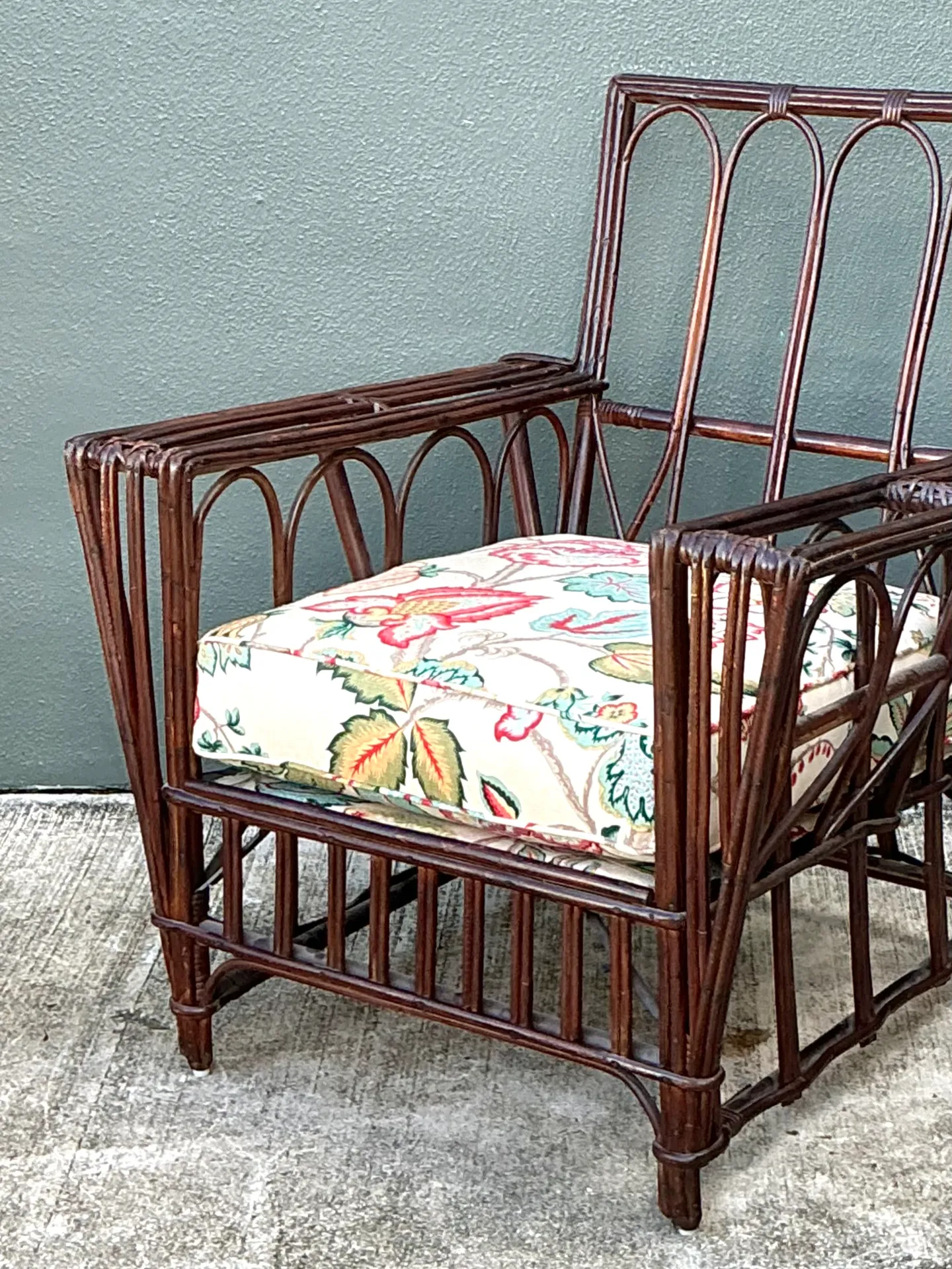 Vintage Stick Rattan Lounge Chair In Vintage Schumacher Paisley — additional photo 3