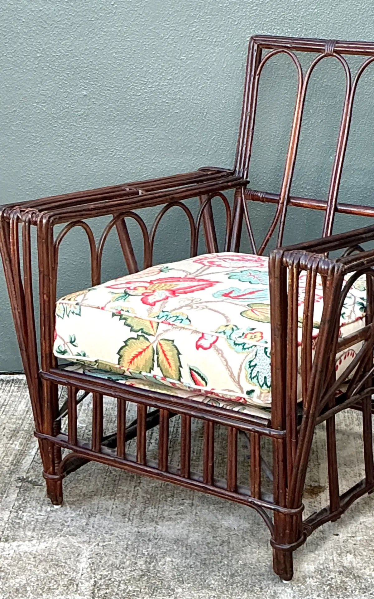 Vintage Stick Rattan Lounge Chair In Vintage Schumacher Paisley — additional photo 3