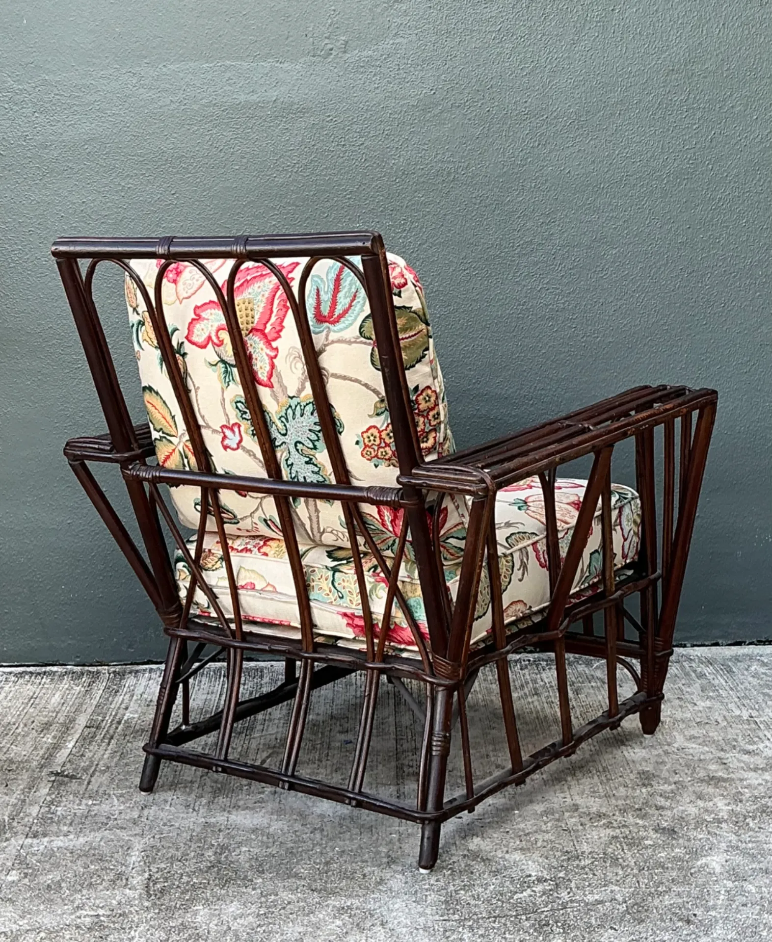 Vintage Stick Rattan Lounge Chair In Vintage Schumacher Paisley — additional photo 6