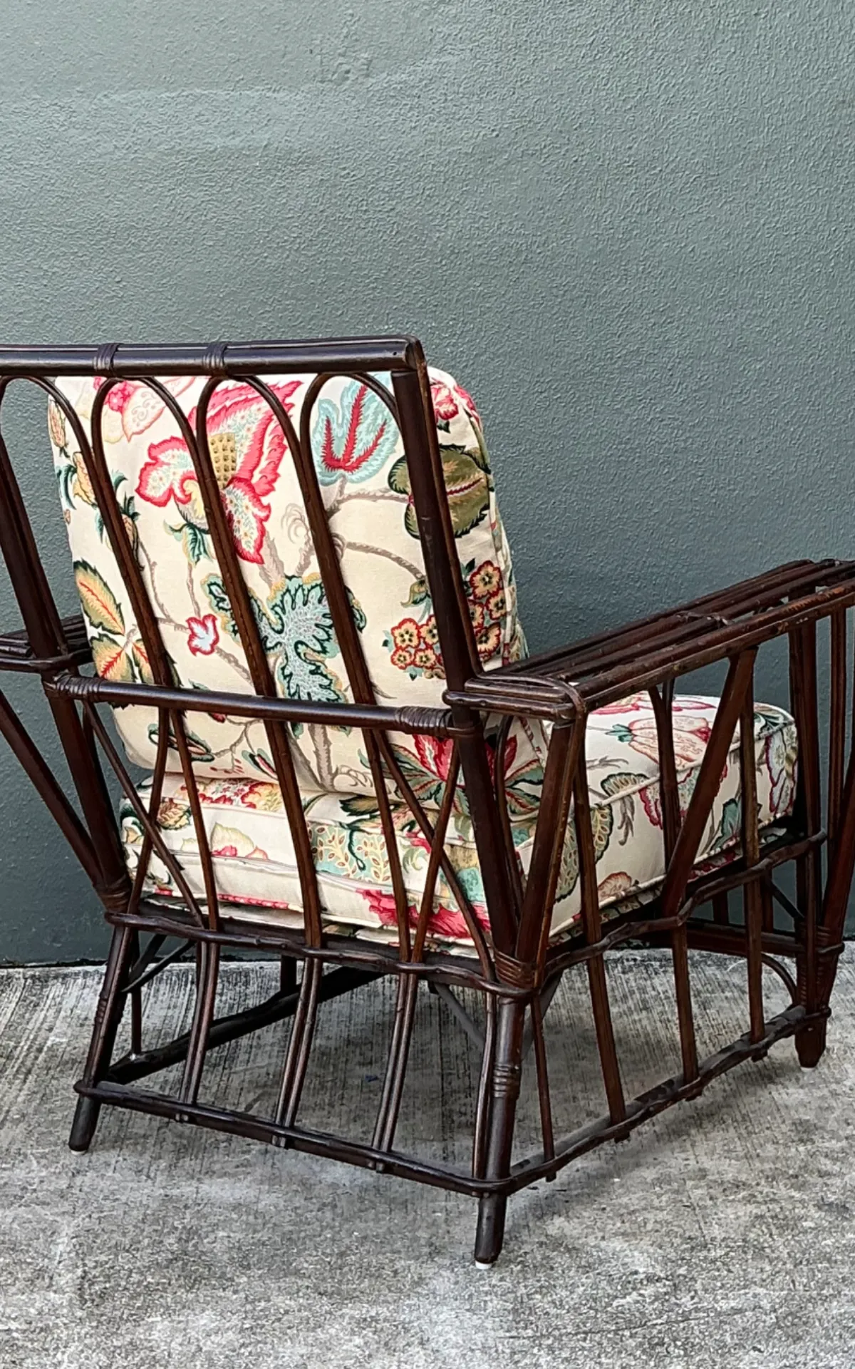 Vintage Stick Rattan Lounge Chair In Vintage Schumacher Paisley — additional photo 6