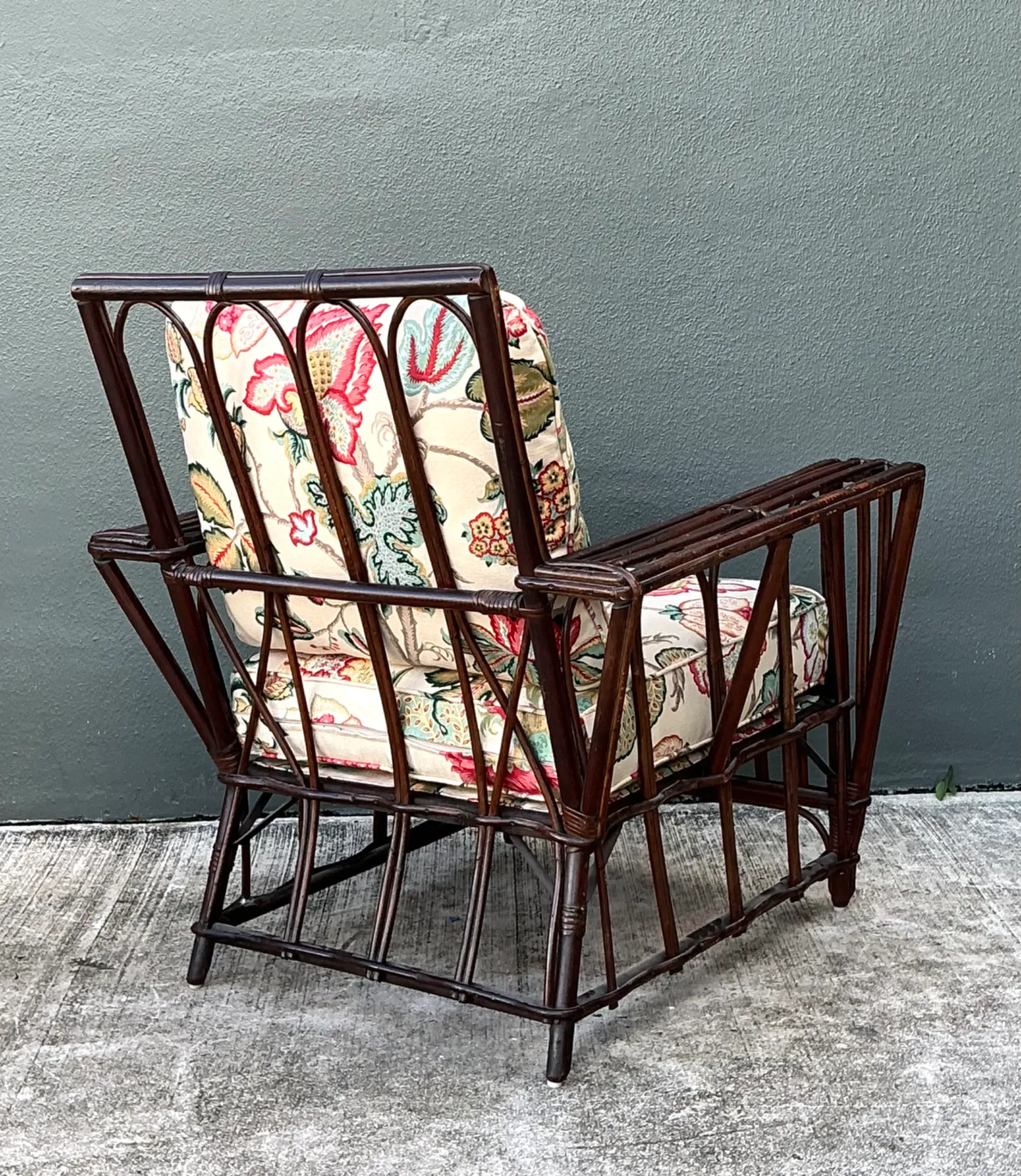 Vintage Stick Rattan Lounge Chair In Vintage Schumacher Paisley — additional photo 7