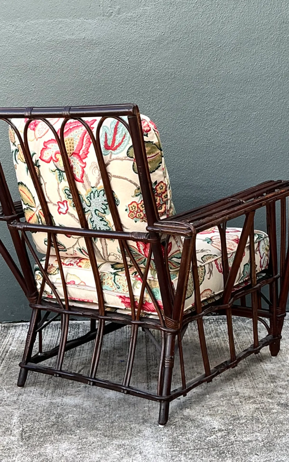 Vintage Stick Rattan Lounge Chair In Vintage Schumacher Paisley — additional photo 7
