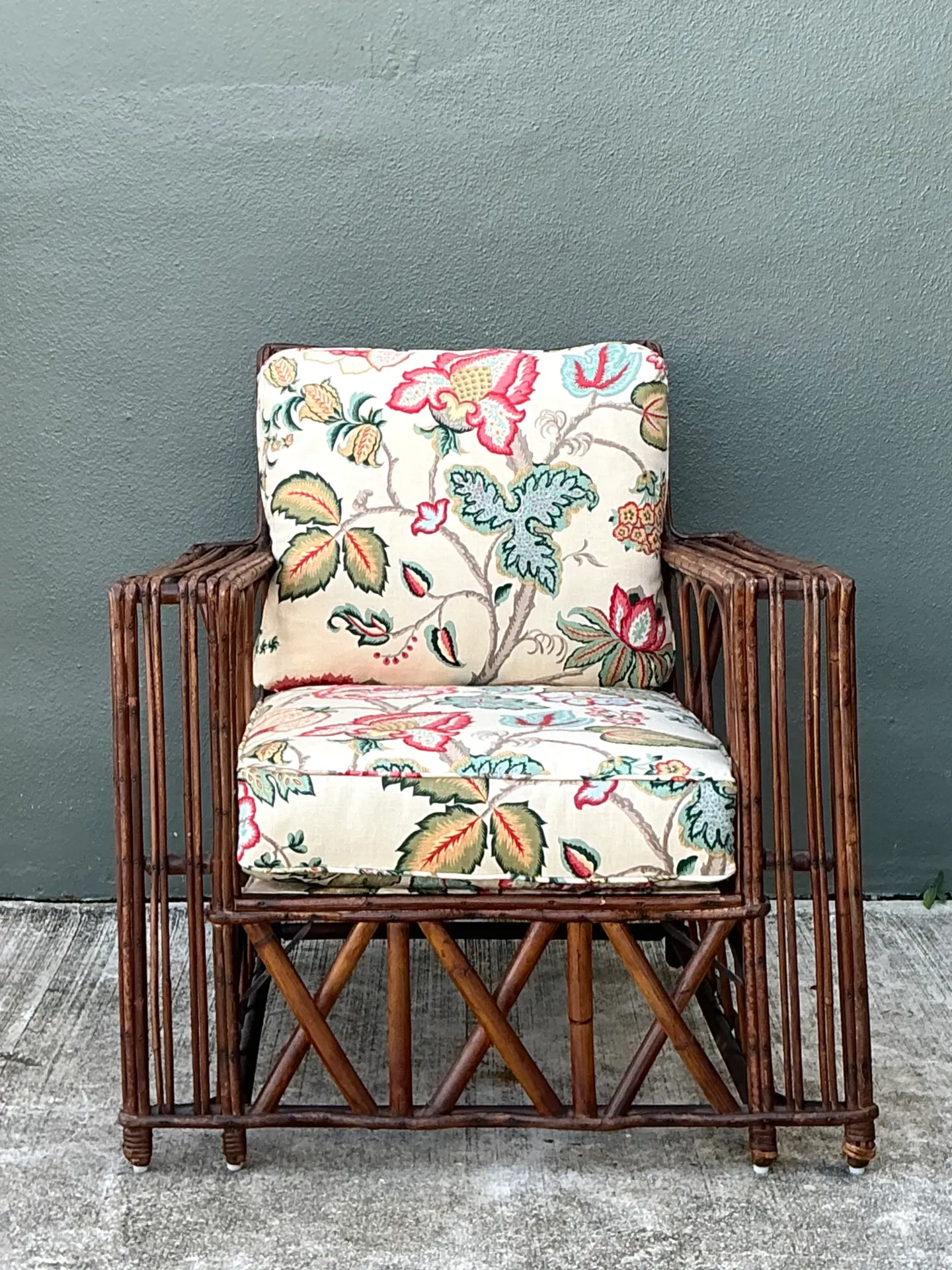 Vintage Stick Rattan Lounge Chair In Vintage Schumacher Paisley — additional photo 7