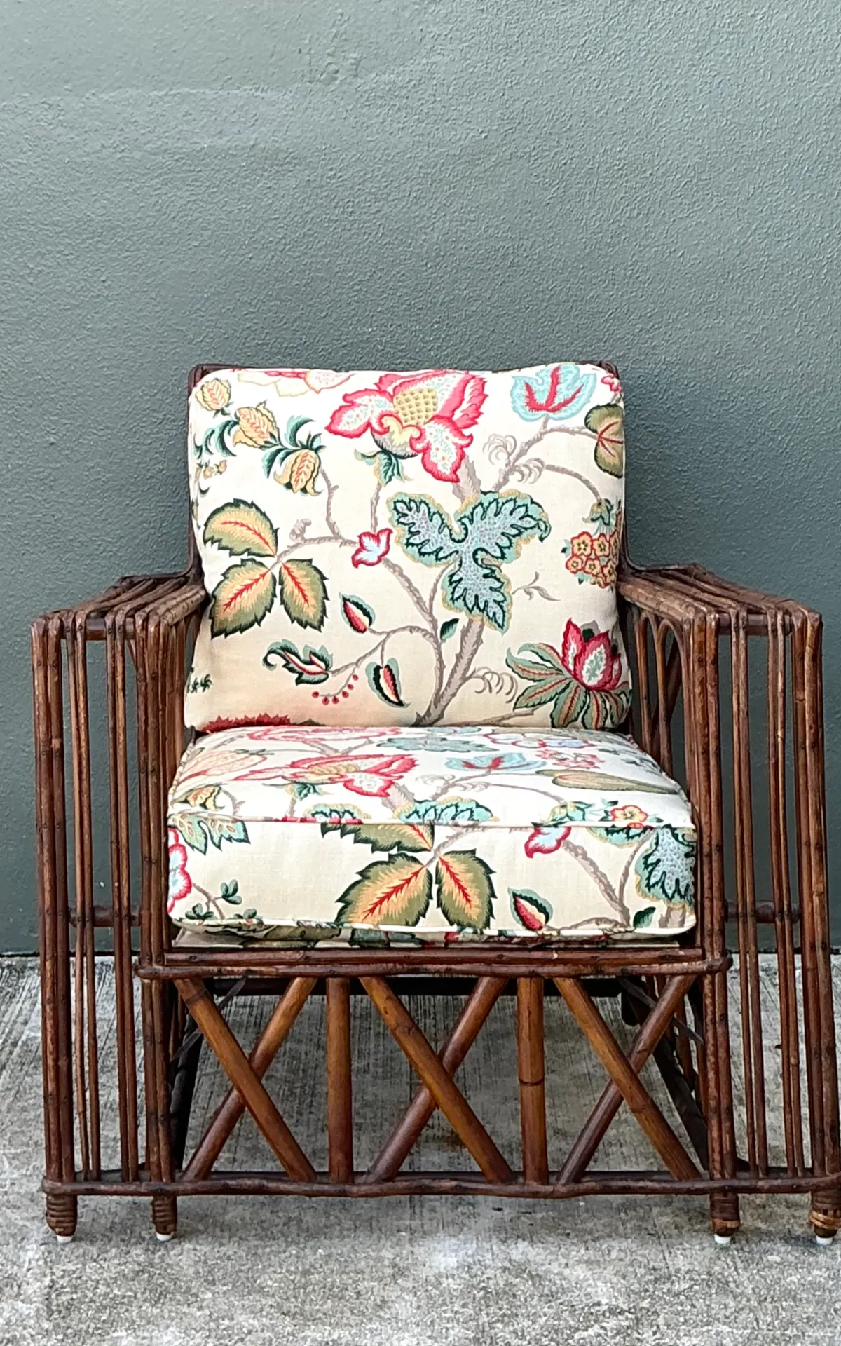 Vintage Stick Rattan Lounge Chair In Vintage Schumacher Paisley — additional photo 8