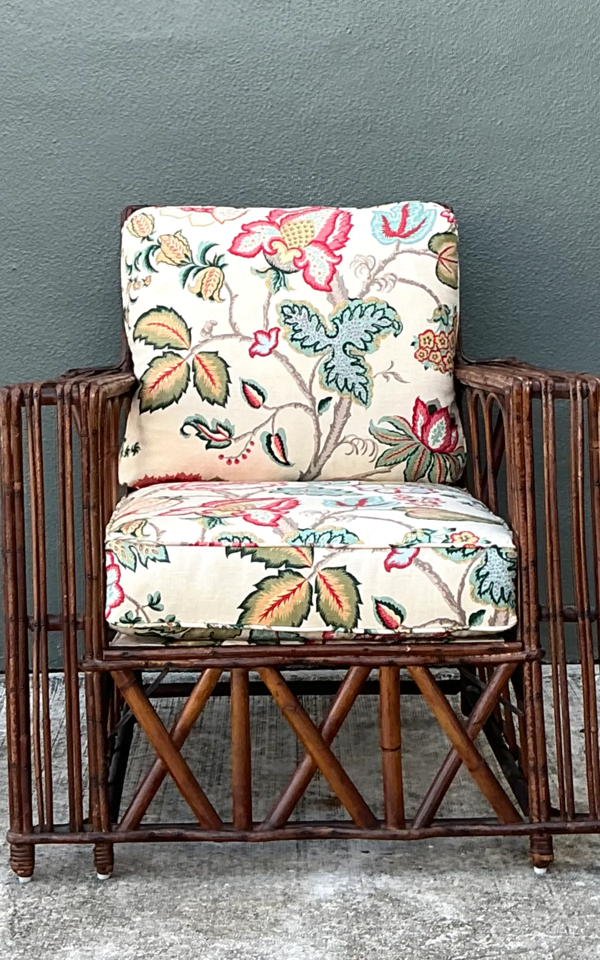Vintage Stick Rattan Lounge Chair In Vintage Schumacher Paisley — additional photo 1