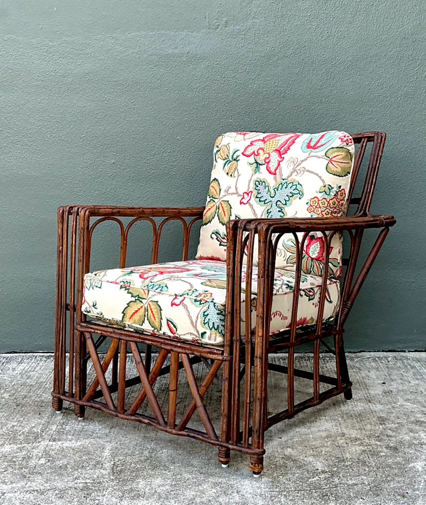 Vintage Stick Rattan Lounge Chair In Vintage Schumacher Paisley — additional photo 3