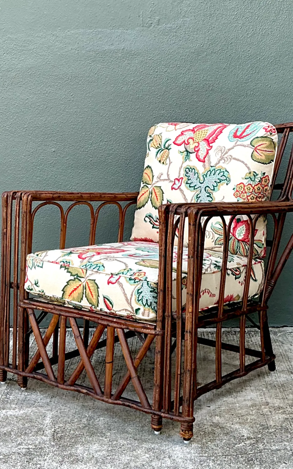 Vintage Stick Rattan Lounge Chair In Vintage Schumacher Paisley — additional photo 4