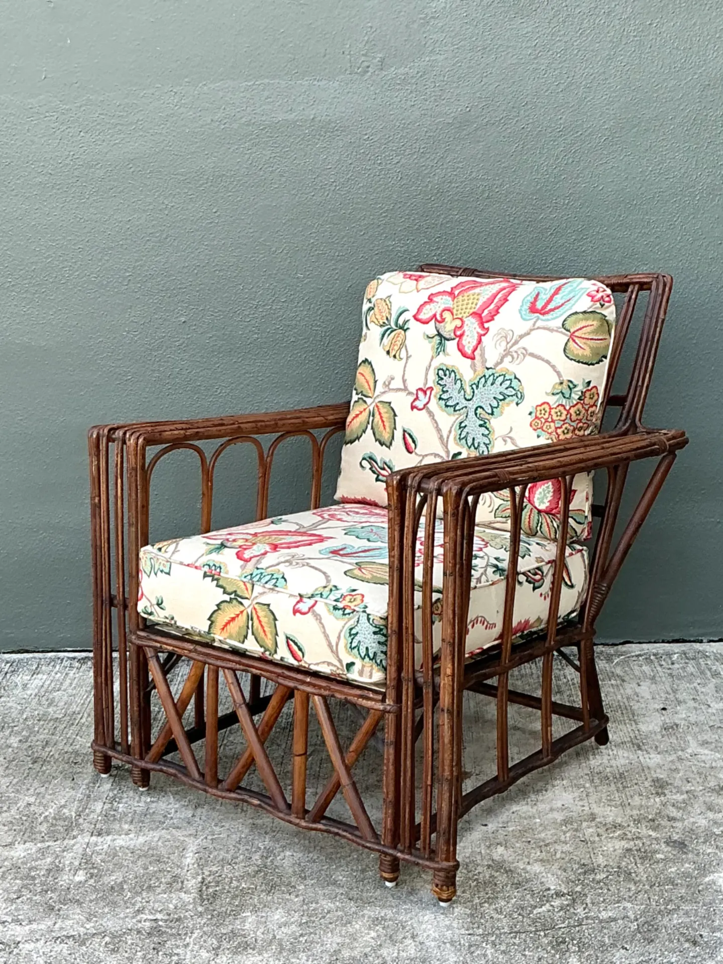 Vintage Stick Rattan Lounge Chair In Vintage Schumacher Paisley — additional photo 1
