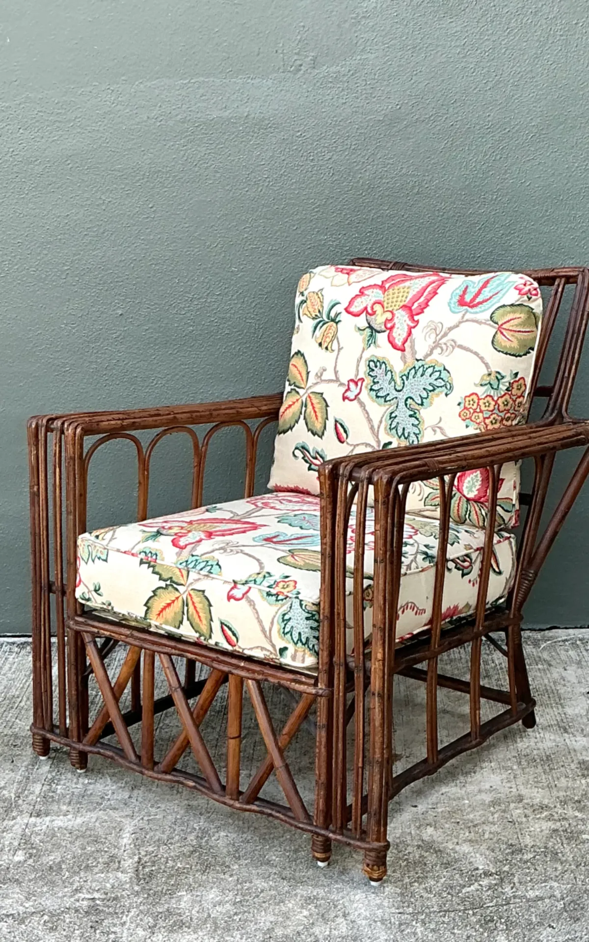 Vintage Stick Rattan Lounge Chair In Vintage Schumacher Paisley — additional photo 2
