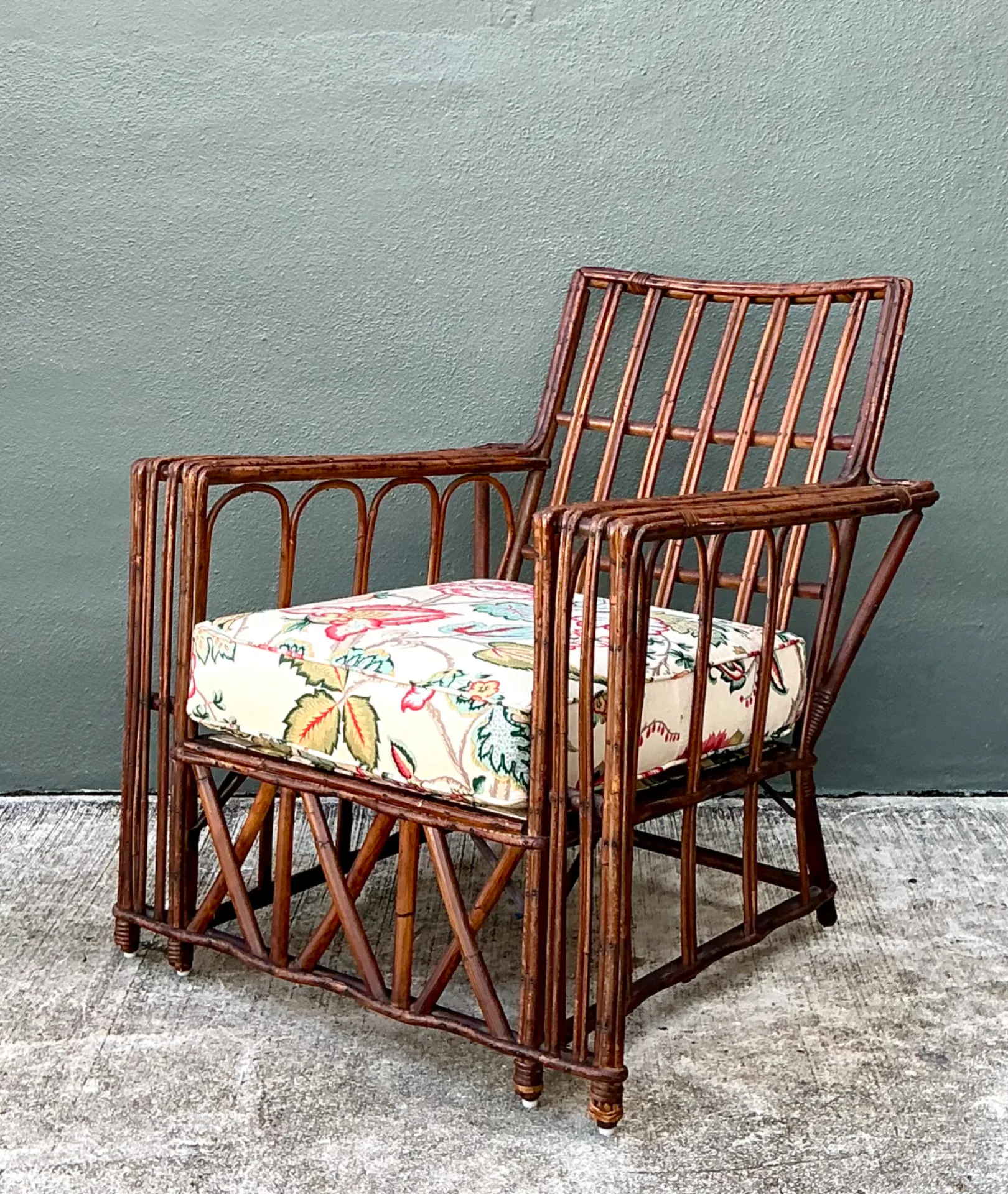 Vintage Stick Rattan Lounge Chair In Vintage Schumacher Paisley — additional photo 6