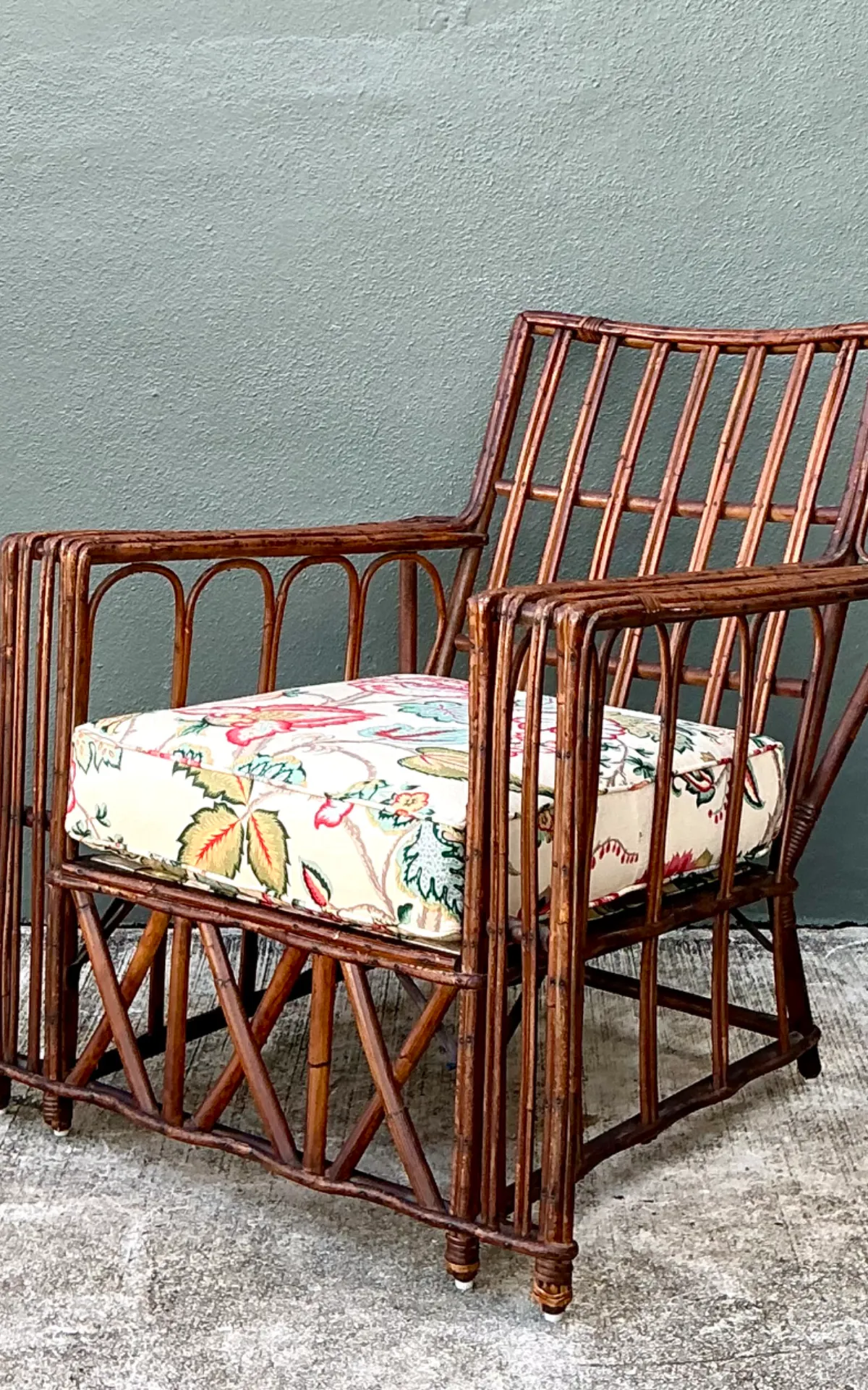 Vintage Stick Rattan Lounge Chair In Vintage Schumacher Paisley — additional photo 7