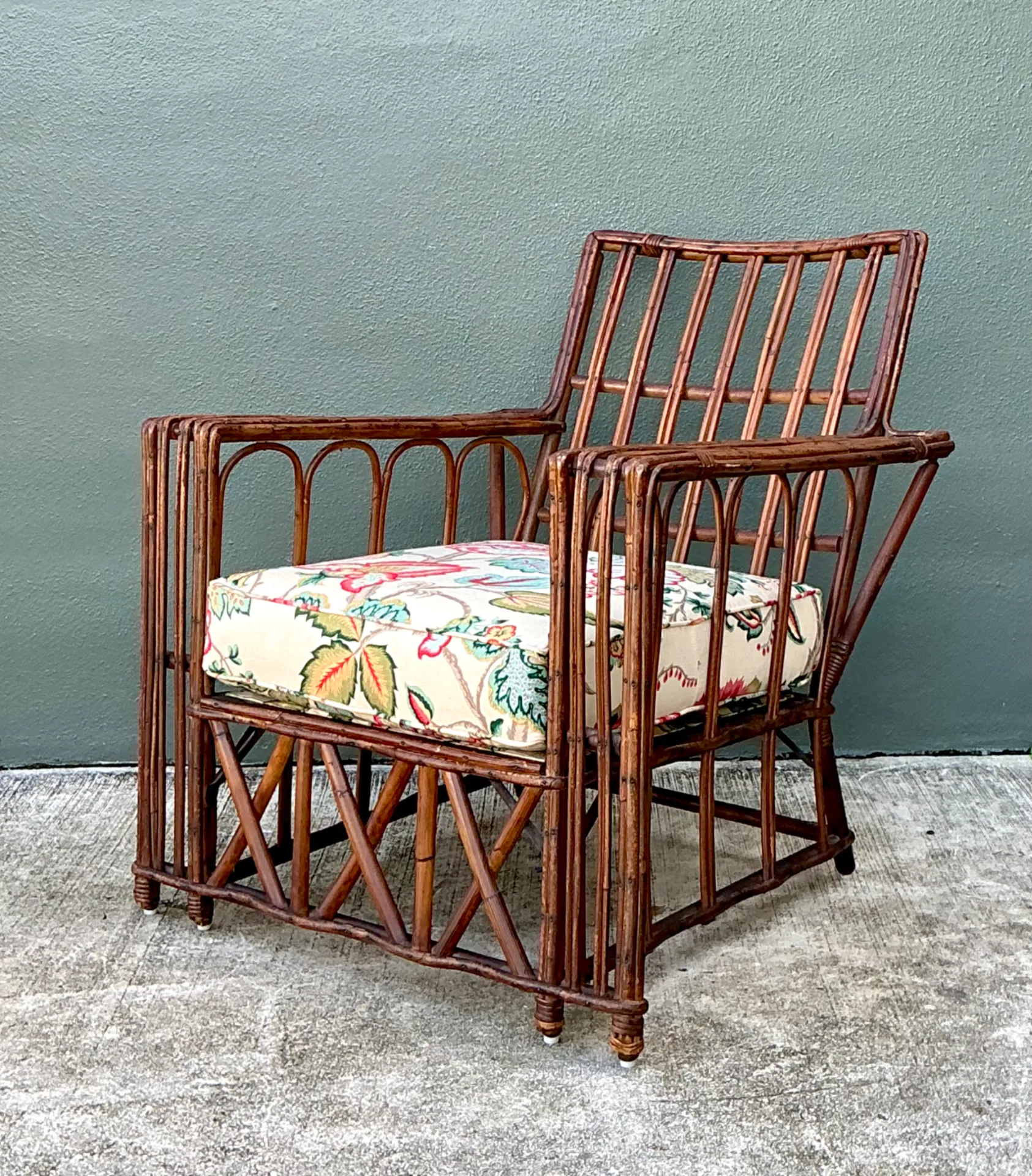 Vintage Stick Rattan Lounge Chair In Vintage Schumacher Paisley — additional photo 8