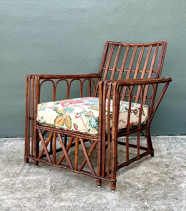Vintage Stick Rattan Lounge Chair In Vintage Schumacher Paisley — additional photo 8