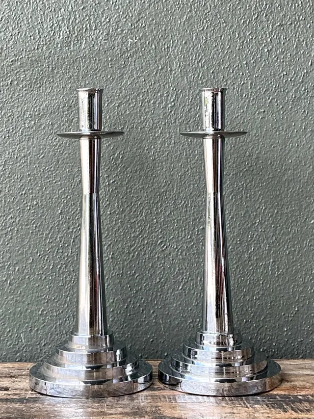 Vintage Stepped Base Chrome Candlesticks — additional photo 5