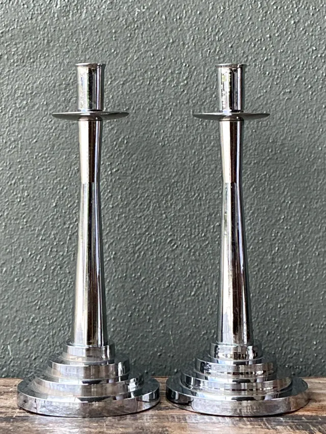 Vintage Stepped Base Chrome Candlesticks — additional photo 1