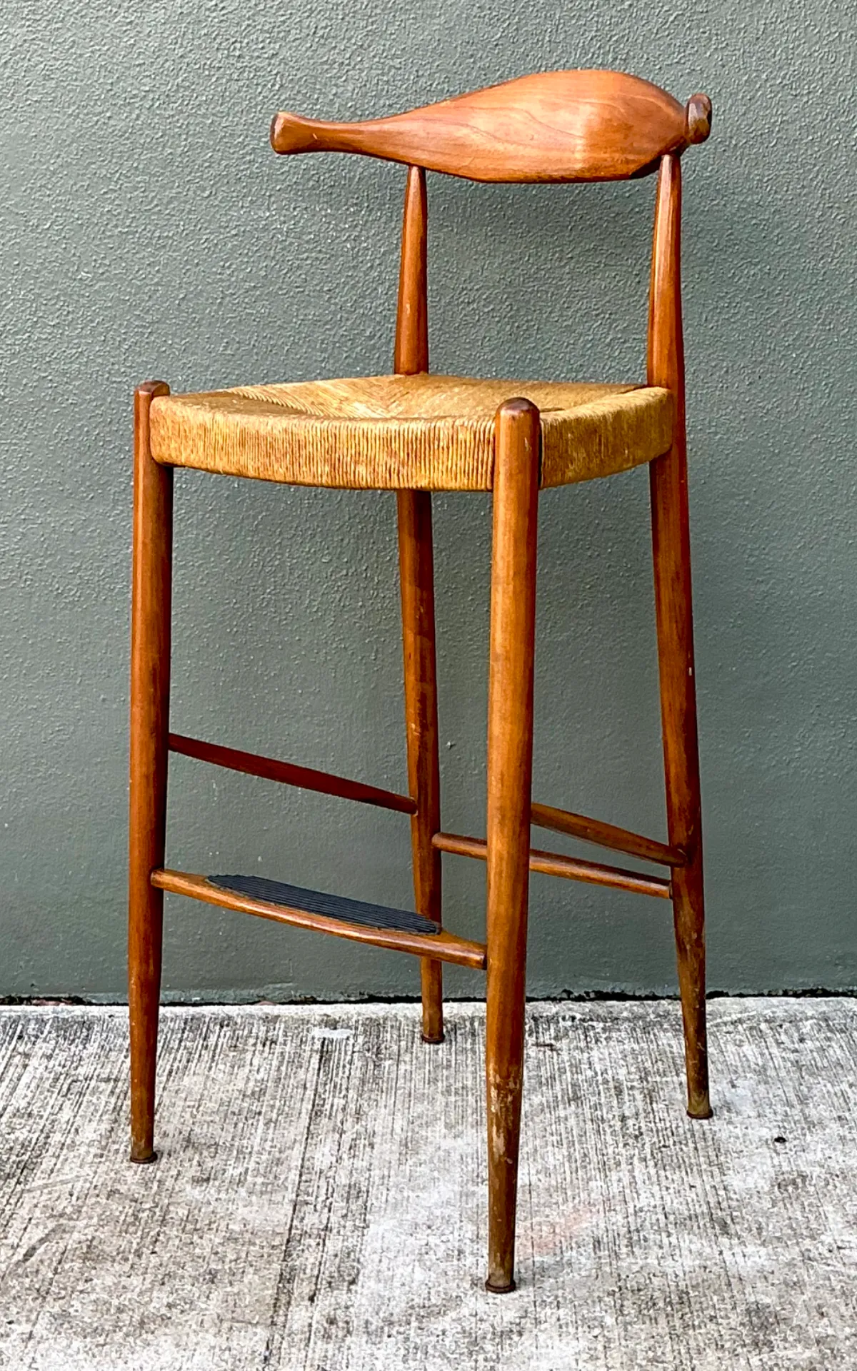 Vintage MCM Wood and Rush Bar Stool — additional photo 4