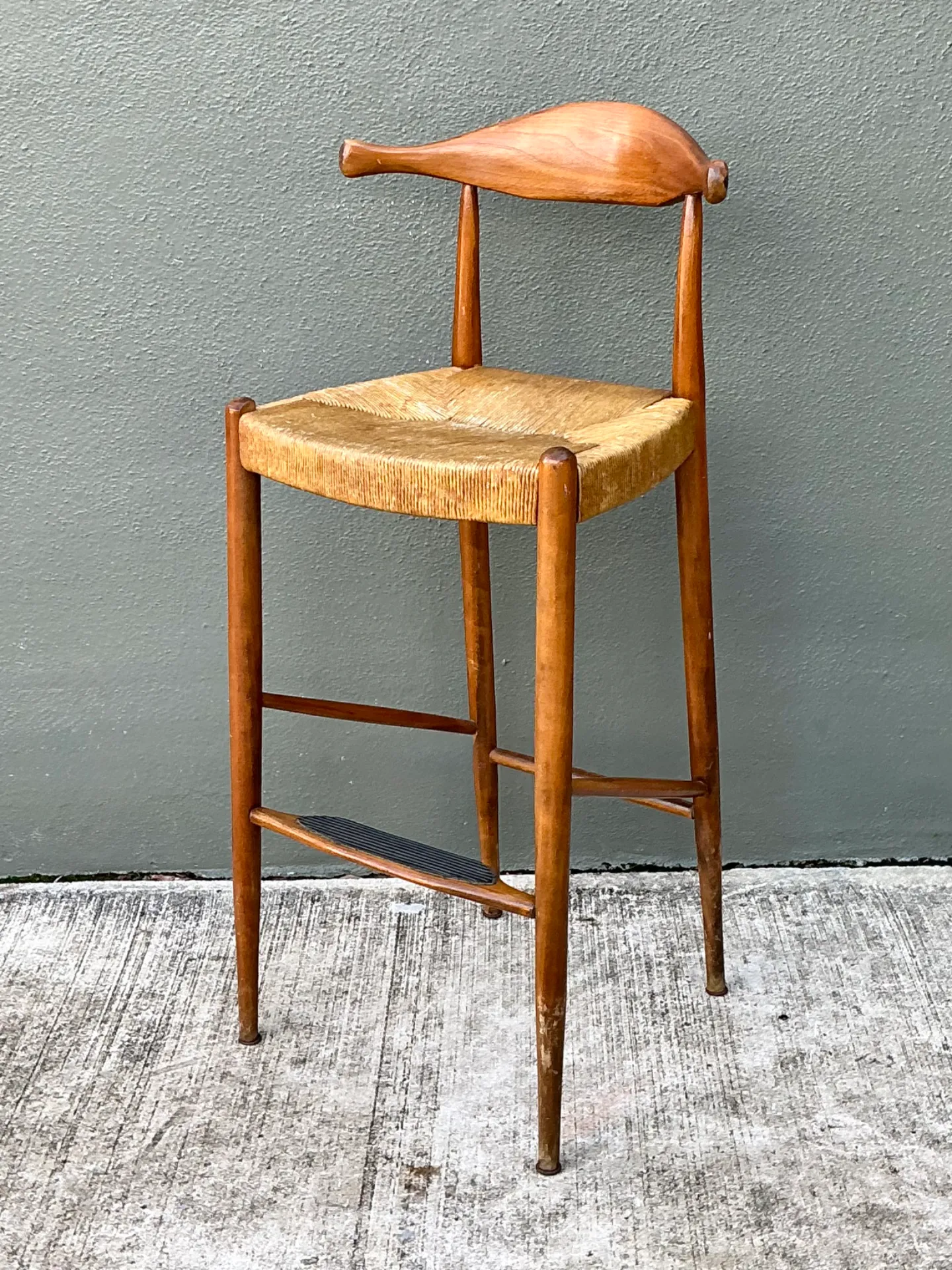 Vintage MCM Wood and Rush Bar Stool — additional photo 1