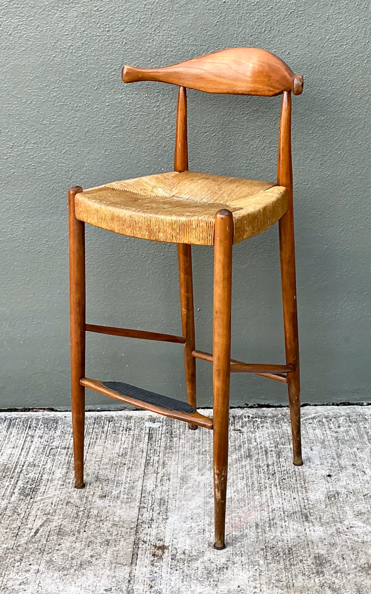 Vintage MCM Wood and Rush Bar Stool